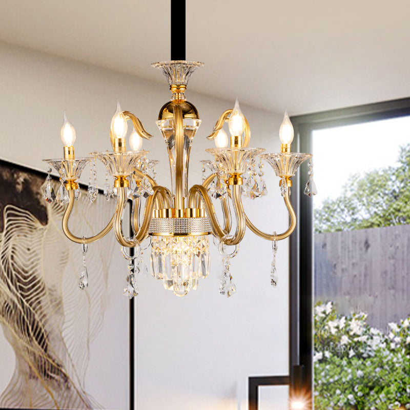 Crystal Candlestick Pendant Chandelier Mid-Century 6 Bulb Bedroom Hanging Lamp in Gold Clearhalo 'Ceiling Lights' 'Chandeliers' Lighting' options 882358