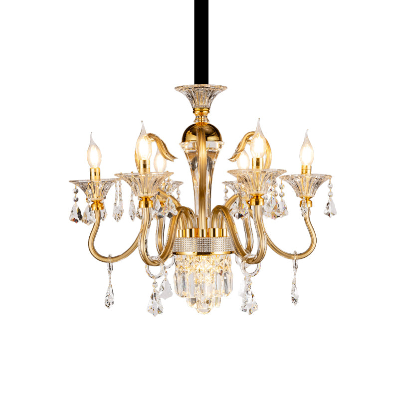 Crystal Candlestick Pendant Chandelier Mid-Century 6 Bulb Bedroom Hanging Lamp in Gold Clearhalo 'Ceiling Lights' 'Chandeliers' Lighting' options 882359