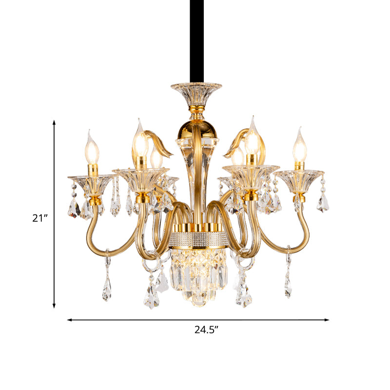 Crystal Candlestick Pendant Chandelier Mid-Century 6 Bulb Bedroom Hanging Lamp in Gold Clearhalo 'Ceiling Lights' 'Chandeliers' Lighting' options 882360