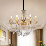 Mid-Century Candle Chandelier 6 Heads Clear Crystal Suspension Pendant Light in Gold for Bedroom Clearhalo 'Ceiling Lights' 'Chandeliers' Lighting' options 882366