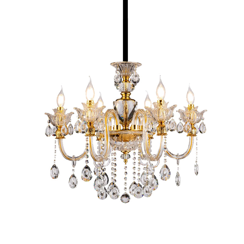 Mid-Century Candle Chandelier 6 Heads Clear Crystal Suspension Pendant Light in Gold for Bedroom Clearhalo 'Ceiling Lights' 'Chandeliers' Lighting' options 882367