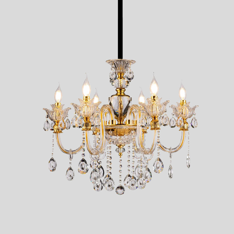 Mid-Century Candle Chandelier 6 Heads Clear Crystal Suspension Pendant Light in Gold for Bedroom Clearhalo 'Ceiling Lights' 'Chandeliers' Lighting' options 882368