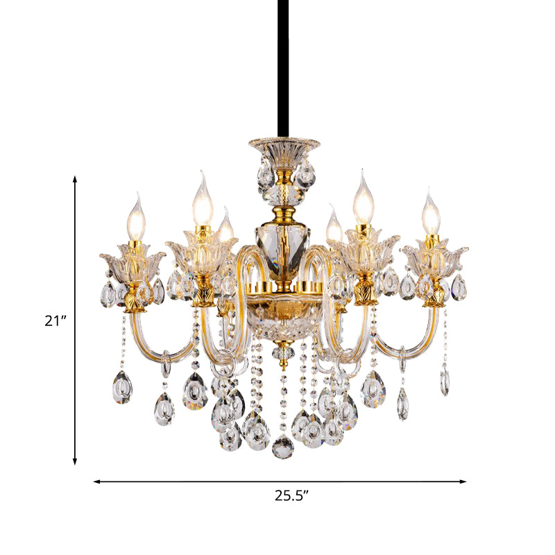 Mid-Century Candle Chandelier 6 Heads Clear Crystal Suspension Pendant Light in Gold for Bedroom Clearhalo 'Ceiling Lights' 'Chandeliers' Lighting' options 882369