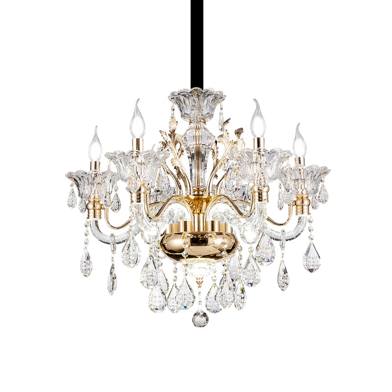 6 Lights K9 Crystal Pendant Light Mid-Century Gold Candlestick Bedroom Chandelier Lamp Clearhalo 'Ceiling Lights' 'Chandeliers' Lighting' options 882371