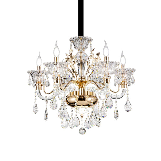 6 Lights K9 Crystal Pendant Light Mid-Century Gold Candlestick Bedroom Chandelier Lamp Clearhalo 'Ceiling Lights' 'Chandeliers' Lighting' options 882371