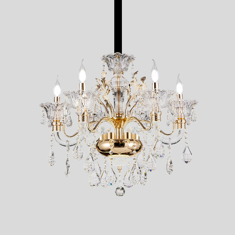 6 Lights K9 Crystal Pendant Light Mid-Century Gold Candlestick Bedroom Chandelier Lamp Clearhalo 'Ceiling Lights' 'Chandeliers' Lighting' options 882372