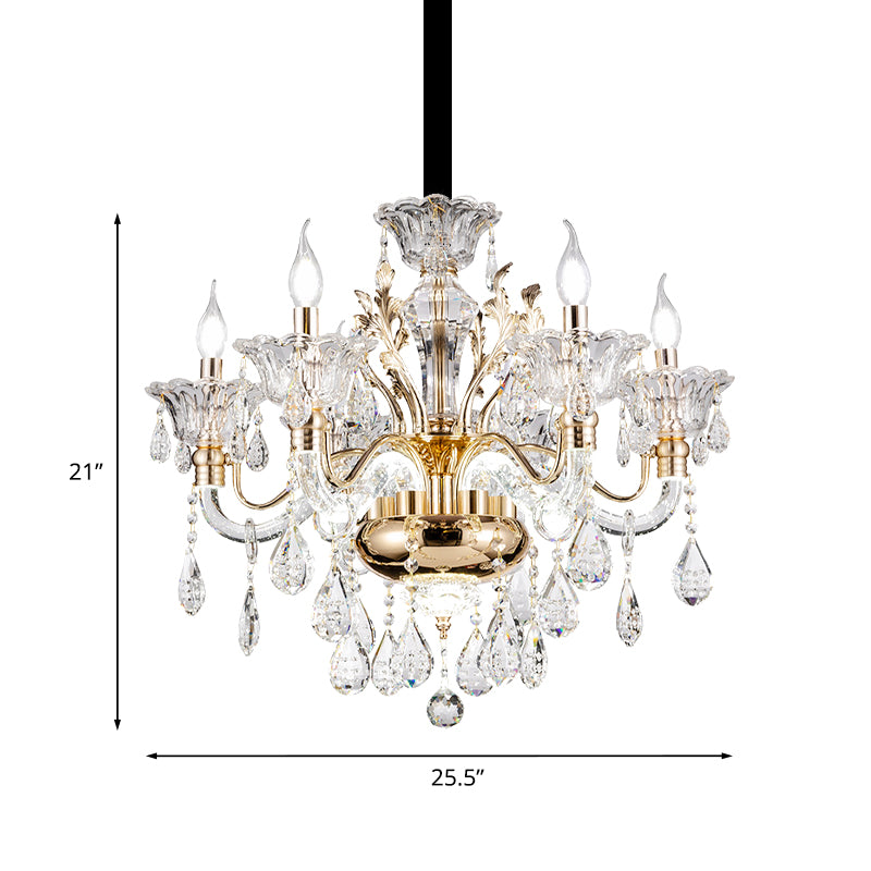 6 Lights K9 Crystal Pendant Light Mid-Century Gold Candlestick Bedroom Chandelier Lamp Clearhalo 'Ceiling Lights' 'Chandeliers' Lighting' options 882373