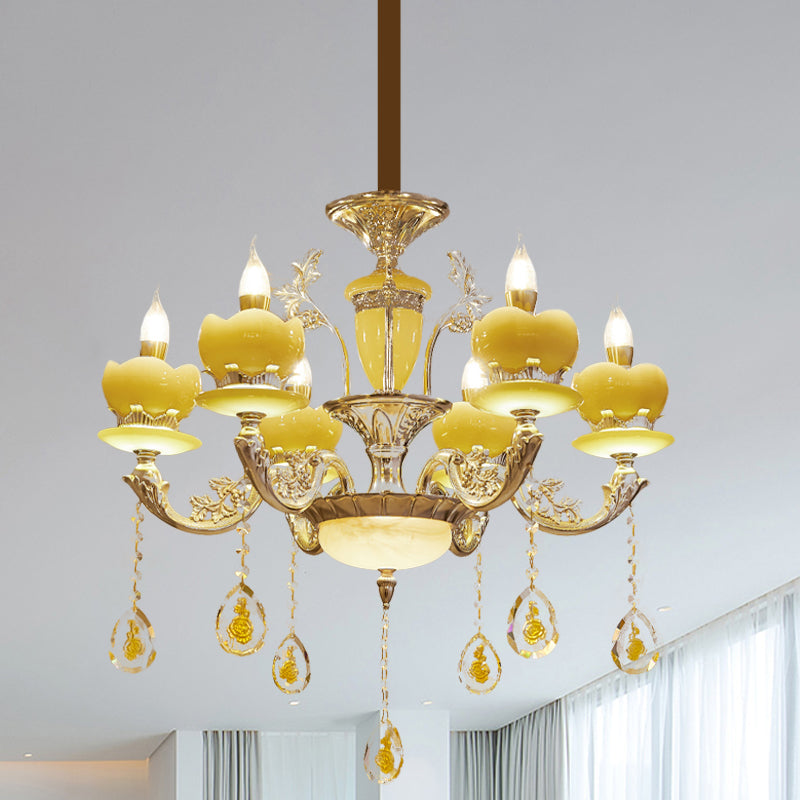 Candlestick Bedroom Hanging Light Mid Century Jade 6 Lights Gold Chandelier with Crystal Draping Clearhalo 'Ceiling Lights' 'Chandeliers' Lighting' options 882379