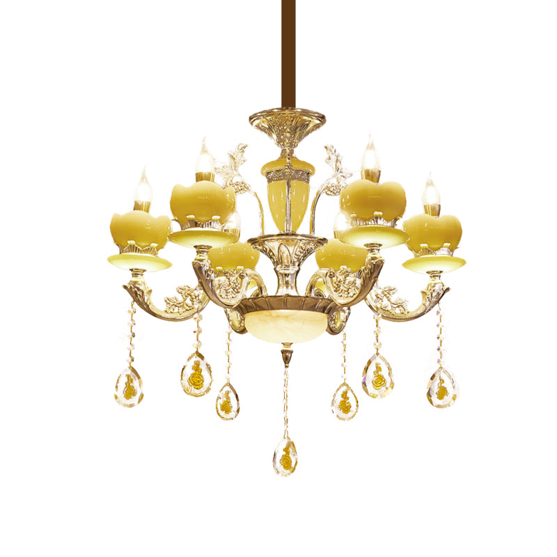 Candlestick Bedroom Hanging Light Mid Century Jade 6 Lights Gold Chandelier with Crystal Draping Clearhalo 'Ceiling Lights' 'Chandeliers' Lighting' options 882380