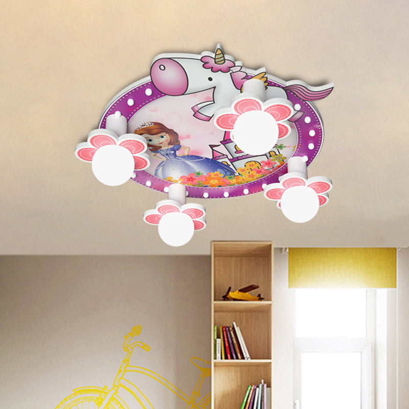 Purple Flower Flush Mount Light Cartoon 4 Bulbs Wood Ceiling Flush with Princess and Unicorn Pattern, 6.5"/23.5" H Purple 6.5" Clearhalo 'Ceiling Lights' 'Close To Ceiling Lights' 'Close to ceiling' 'Flush mount' Lighting' 882430