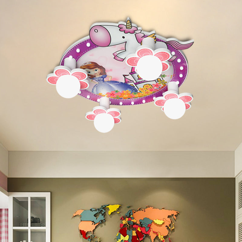 Purple Flower Flush Mount Light Cartoon 4 Bulbs Wood Ceiling Flush with Princess and Unicorn Pattern, 6.5"/23.5" H Clearhalo 'Ceiling Lights' 'Close To Ceiling Lights' 'Close to ceiling' 'Flush mount' Lighting' 882431