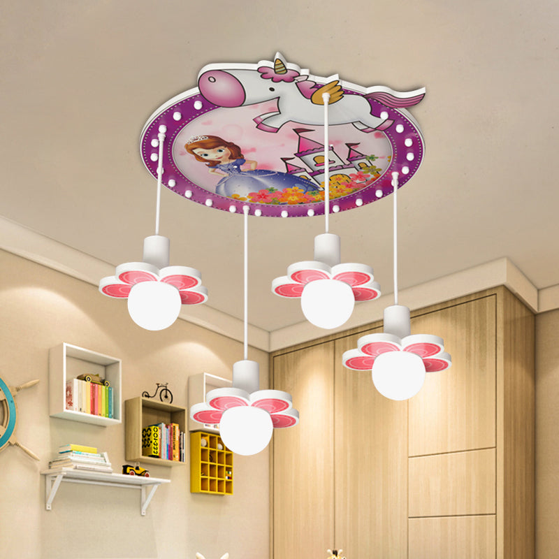 Purple Flower Flush Mount Light Cartoon 4 Bulbs Wood Ceiling Flush with Princess and Unicorn Pattern, 6.5"/23.5" H Purple 23.5" Clearhalo 'Ceiling Lights' 'Close To Ceiling Lights' 'Close to ceiling' 'Flush mount' Lighting' 882434