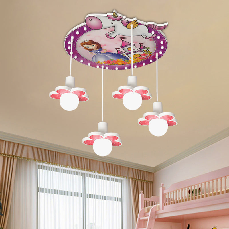 Purple Flower Flush Mount Light Cartoon 4 Bulbs Wood Ceiling Flush with Princess and Unicorn Pattern, 6.5"/23.5" H Clearhalo 'Ceiling Lights' 'Close To Ceiling Lights' 'Close to ceiling' 'Flush mount' Lighting' 882435