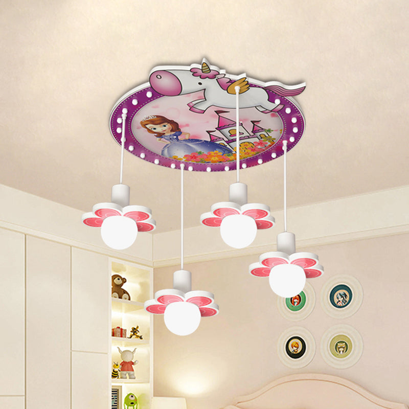 Purple Flower Flush Mount Light Cartoon 4 Bulbs Wood Ceiling Flush with Princess and Unicorn Pattern, 6.5"/23.5" H Clearhalo 'Ceiling Lights' 'Close To Ceiling Lights' 'Close to ceiling' 'Flush mount' Lighting' 882436