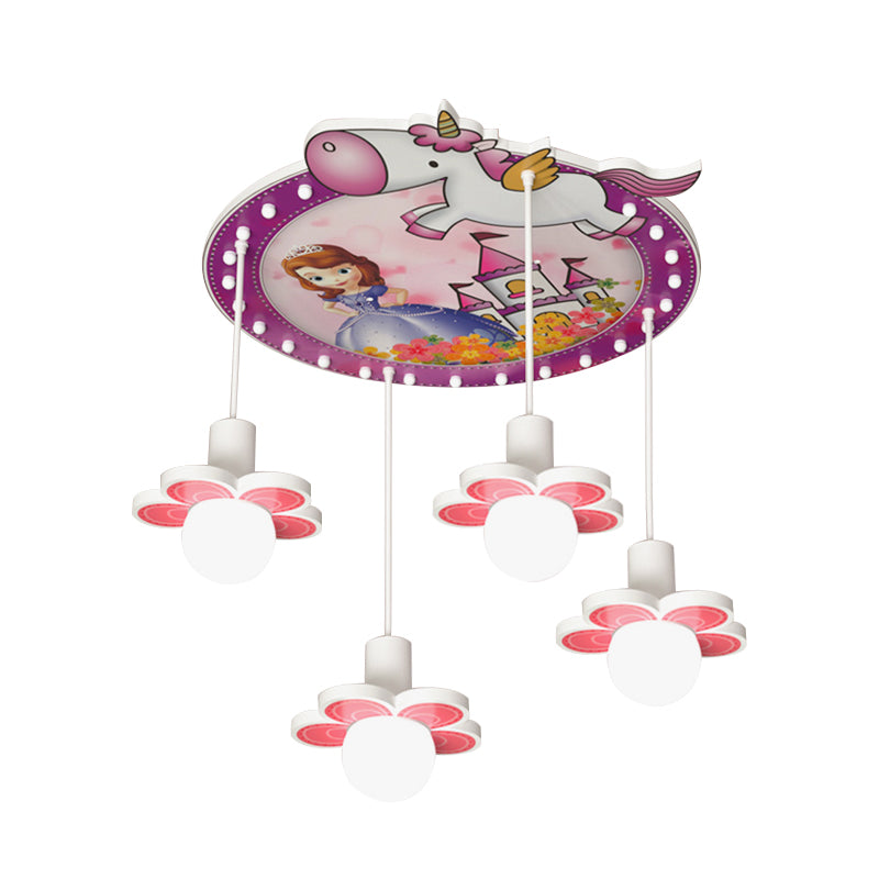 Purple Flower Flush Mount Light Cartoon 4 Bulbs Wood Ceiling Flush with Princess and Unicorn Pattern, 6.5"/23.5" H Clearhalo 'Ceiling Lights' 'Close To Ceiling Lights' 'Close to ceiling' 'Flush mount' Lighting' 882437