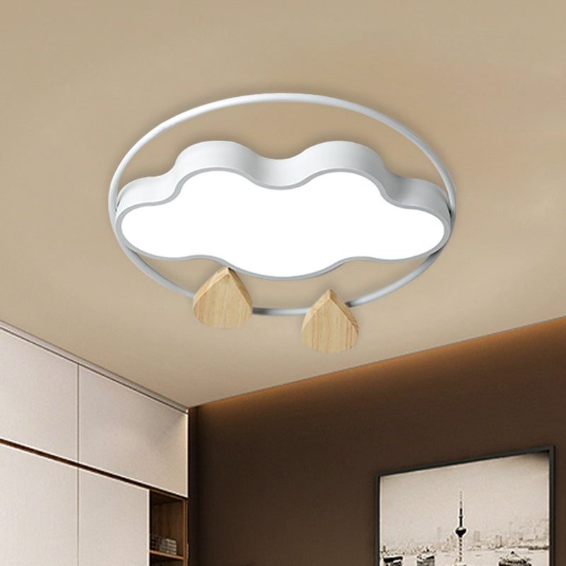 Cloud Bedroom Ceiling Lighting Acrylic LED Simplicity Flush Mount with Wood Raindrop in Grey/White/Green White Clearhalo 'Ceiling Lights' 'Close To Ceiling Lights' 'Close to ceiling' 'Flush mount' Lighting' 882713