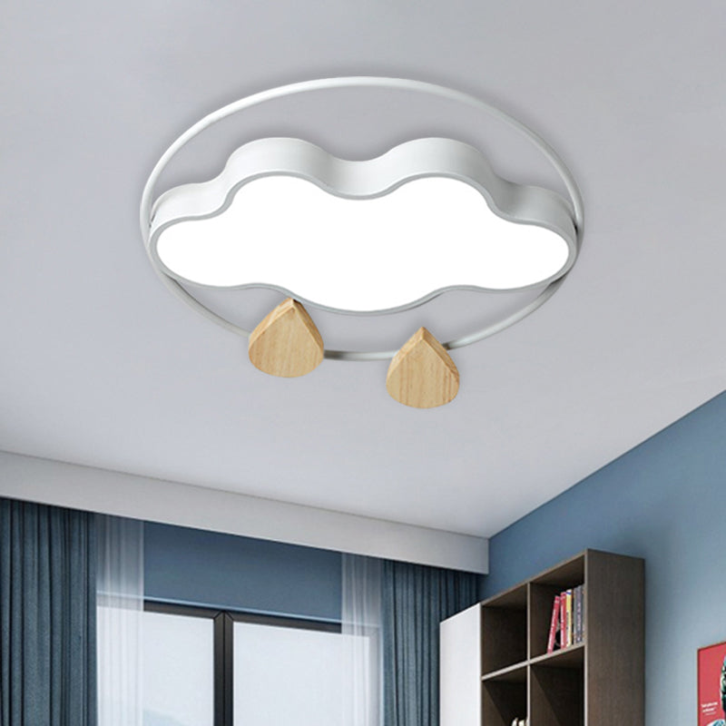 Cloud Bedroom Ceiling Lighting Acrylic LED Simplicity Flush Mount with Wood Raindrop in Grey/White/Green Clearhalo 'Ceiling Lights' 'Close To Ceiling Lights' 'Close to ceiling' 'Flush mount' Lighting' 882714