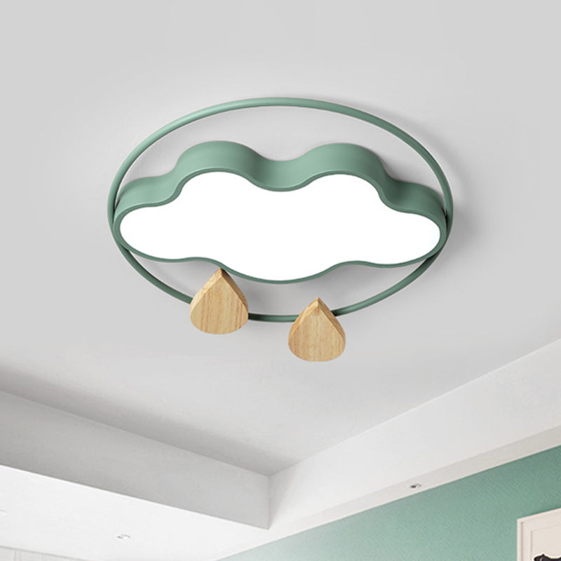 Cloud Bedroom Ceiling Lighting Acrylic LED Simplicity Flush Mount with Wood Raindrop in Grey/White/Green Green Clearhalo 'Ceiling Lights' 'Close To Ceiling Lights' 'Close to ceiling' 'Flush mount' Lighting' 882717