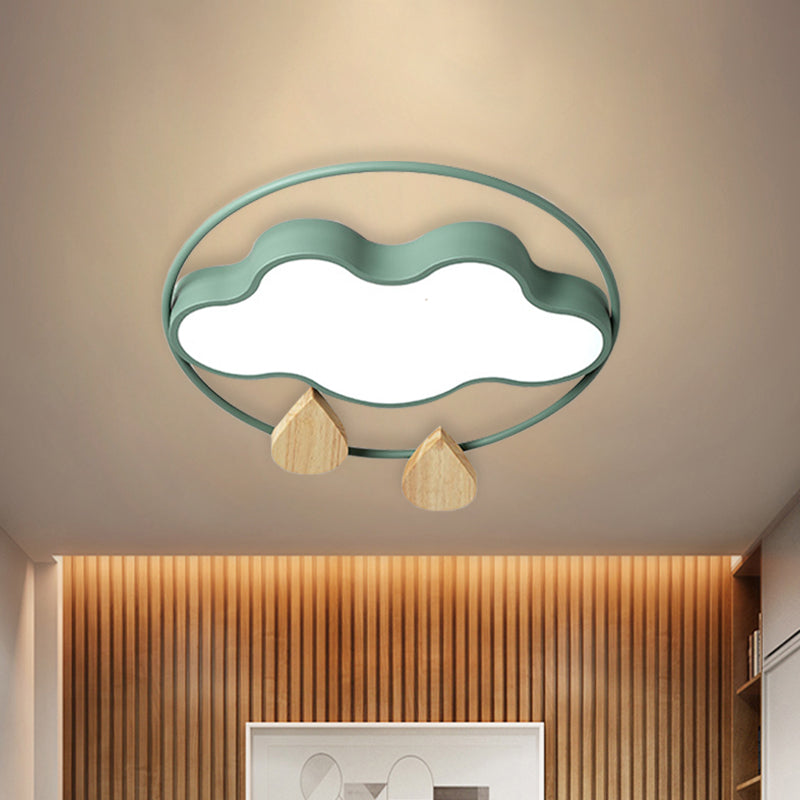 Cloud Bedroom Ceiling Lighting Acrylic LED Simplicity Flush Mount with Wood Raindrop in Grey/White/Green Clearhalo 'Ceiling Lights' 'Close To Ceiling Lights' 'Close to ceiling' 'Flush mount' Lighting' 882718