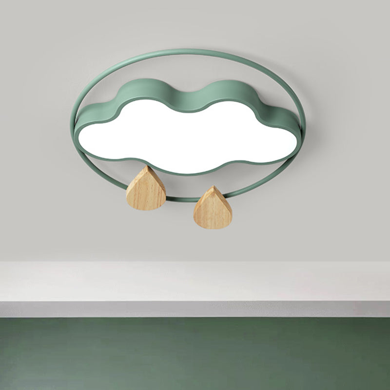 Cloud Bedroom Ceiling Lighting Acrylic LED Simplicity Flush Mount with Wood Raindrop in Grey/White/Green Clearhalo 'Ceiling Lights' 'Close To Ceiling Lights' 'Close to ceiling' 'Flush mount' Lighting' 882719