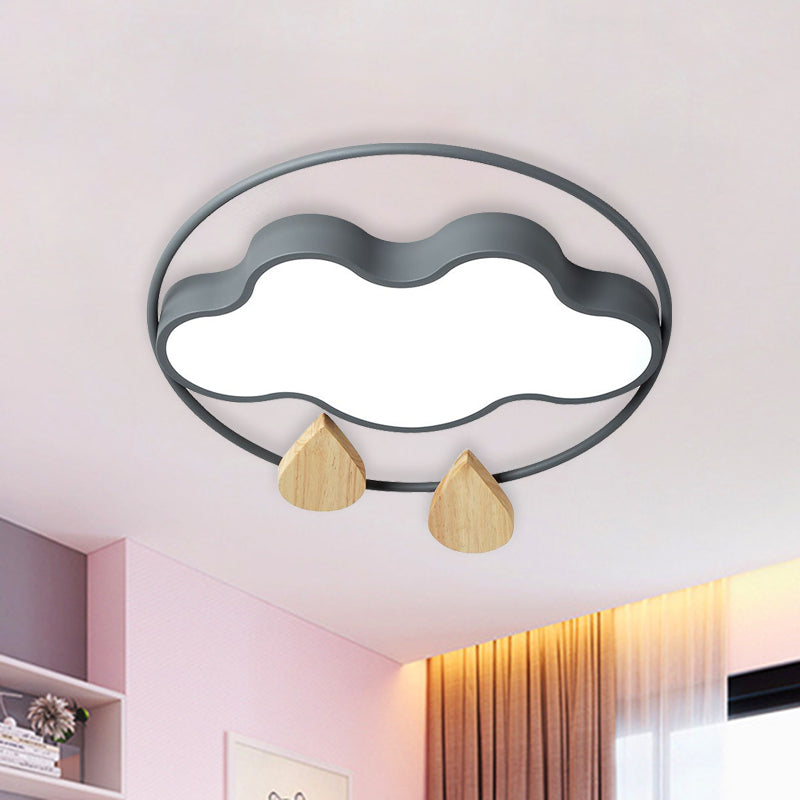 Cloud Bedroom Ceiling Lighting Acrylic LED Simplicity Flush Mount with Wood Raindrop in Grey/White/Green Grey Clearhalo 'Ceiling Lights' 'Close To Ceiling Lights' 'Close to ceiling' 'Flush mount' Lighting' 882721