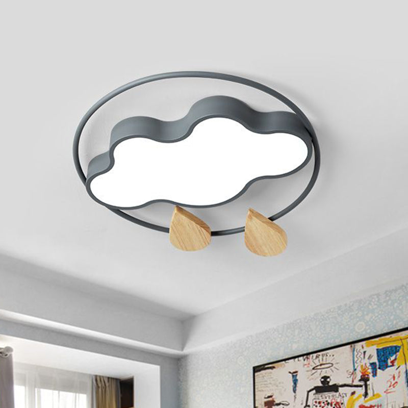 Cloud Bedroom Ceiling Lighting Acrylic LED Simplicity Flush Mount with Wood Raindrop in Grey/White/Green Clearhalo 'Ceiling Lights' 'Close To Ceiling Lights' 'Close to ceiling' 'Flush mount' Lighting' 882722