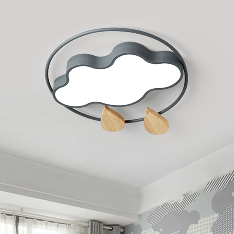 Cloud Bedroom Ceiling Lighting Acrylic LED Simplicity Flush Mount with Wood Raindrop in Grey/White/Green Clearhalo 'Ceiling Lights' 'Close To Ceiling Lights' 'Close to ceiling' 'Flush mount' Lighting' 882723