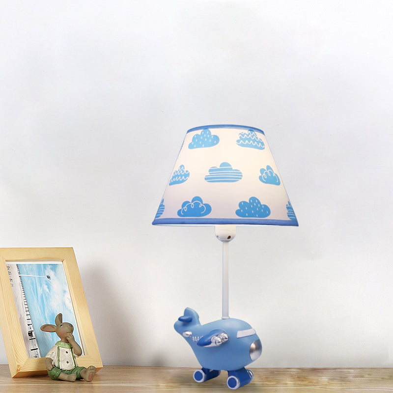 Red/Blue Bucket Night Light Cartoon 1-Head Fabric Nightstand Lamp with Airplane Resin Base, Small/Large Clearhalo 'Lamps' 'Table Lamps' Lighting' 882755