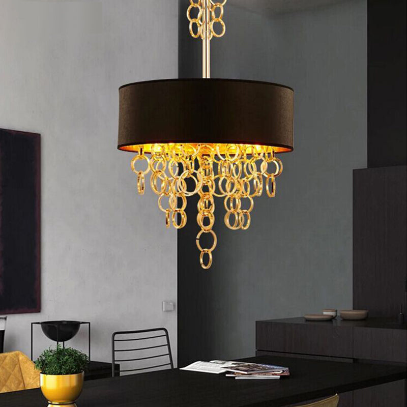 Multi Rings Ceiling Chandelier Modernist Metal 3 Lights Black and Gold Hanging Pendant with Drum Fabric Shade Black-Gold Clearhalo 'Ceiling Lights' 'Chandeliers' 'Modern Chandeliers' 'Modern' Lighting' 882861