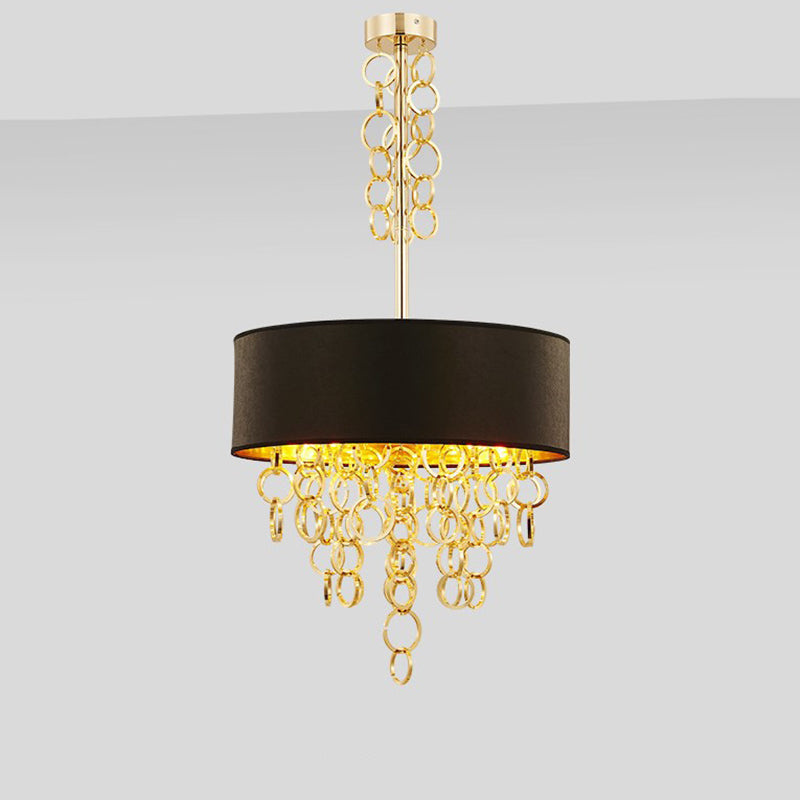 Multi Rings Ceiling Chandelier Modernist Metal 3 Lights Black and Gold Hanging Pendant with Drum Fabric Shade Clearhalo 'Ceiling Lights' 'Chandeliers' 'Modern Chandeliers' 'Modern' Lighting' 882862