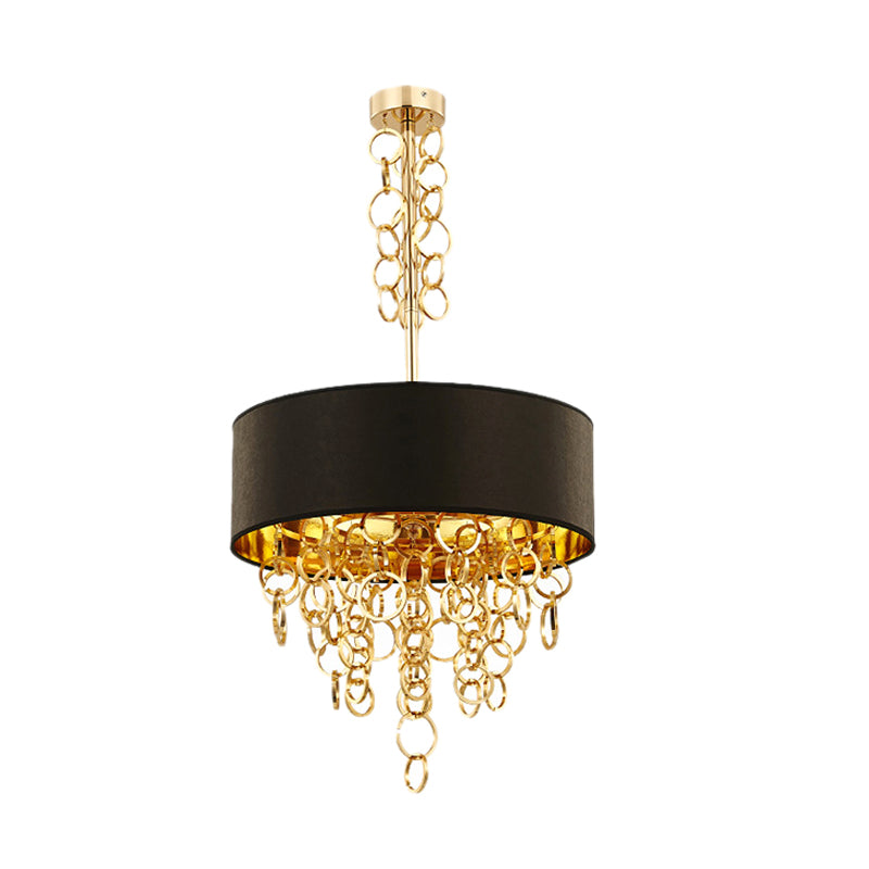 Multi Rings Ceiling Chandelier Modernist Metal 3 Lights Black and Gold Hanging Pendant with Drum Fabric Shade Clearhalo 'Ceiling Lights' 'Chandeliers' 'Modern Chandeliers' 'Modern' Lighting' 882863