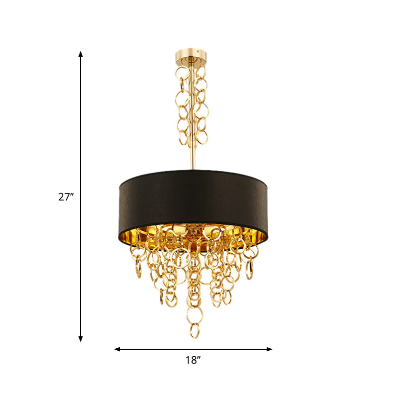 Multi Rings Ceiling Chandelier Modernist Metal 3 Lights Black and Gold Hanging Pendant with Drum Fabric Shade Clearhalo 'Ceiling Lights' 'Chandeliers' 'Modern Chandeliers' 'Modern' Lighting' 882864