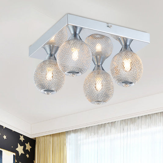 Chrome Finish Globe Flushmount Modernist 4 Bulbs Metal Mesh LED Flush Lighting with Square Canopy Chrome Clearhalo 'Ceiling Lights' 'Close To Ceiling Lights' 'Close to ceiling' 'Flush mount' Lighting' 882886