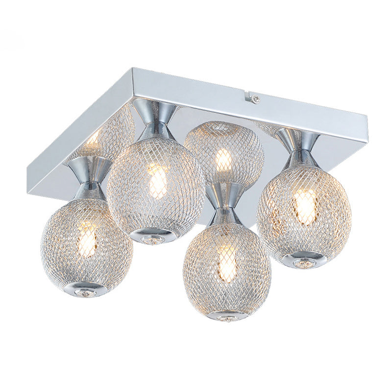 Chrome Finish Globe Flushmount Modernist 4 Bulbs Metal Mesh LED Flush Lighting with Square Canopy Clearhalo 'Ceiling Lights' 'Close To Ceiling Lights' 'Close to ceiling' 'Flush mount' Lighting' 882887