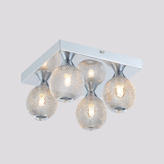 Chrome Finish Globe Flushmount Modernist 4 Bulbs Metal Mesh LED Flush Lighting with Square Canopy Clearhalo 'Ceiling Lights' 'Close To Ceiling Lights' 'Close to ceiling' 'Flush mount' Lighting' 882888