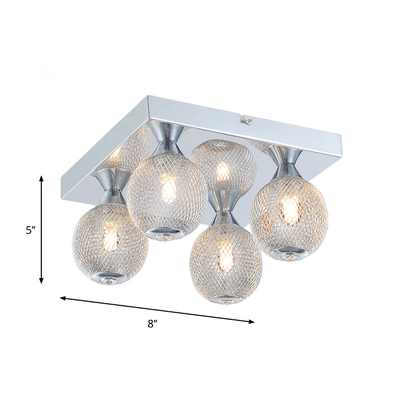 Chrome Finish Globe Flushmount Modernist 4 Bulbs Metal Mesh LED Flush Lighting with Square Canopy Clearhalo 'Ceiling Lights' 'Close To Ceiling Lights' 'Close to ceiling' 'Flush mount' Lighting' 882889