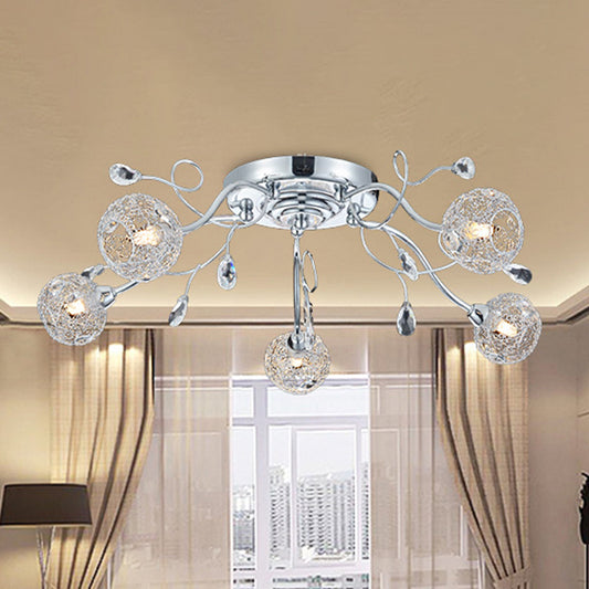 5 Lights Living Room Semi Mount Lighting Contemporary Chrome LED Flush Lamp Fixture with Ball Metal Mesh Shade Chrome Clearhalo 'Ceiling Lights' 'Close To Ceiling Lights' 'Close to ceiling' 'Semi-flushmount' Lighting' 882890