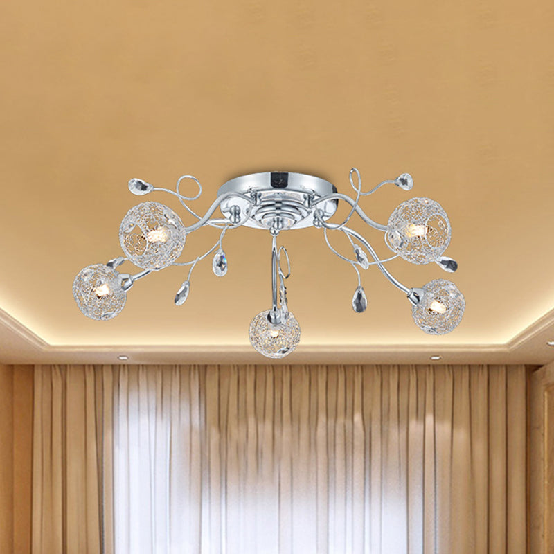 5 Lights Living Room Semi Mount Lighting Contemporary Chrome LED Flush Lamp Fixture with Ball Metal Mesh Shade Clearhalo 'Ceiling Lights' 'Close To Ceiling Lights' 'Close to ceiling' 'Semi-flushmount' Lighting' 882891