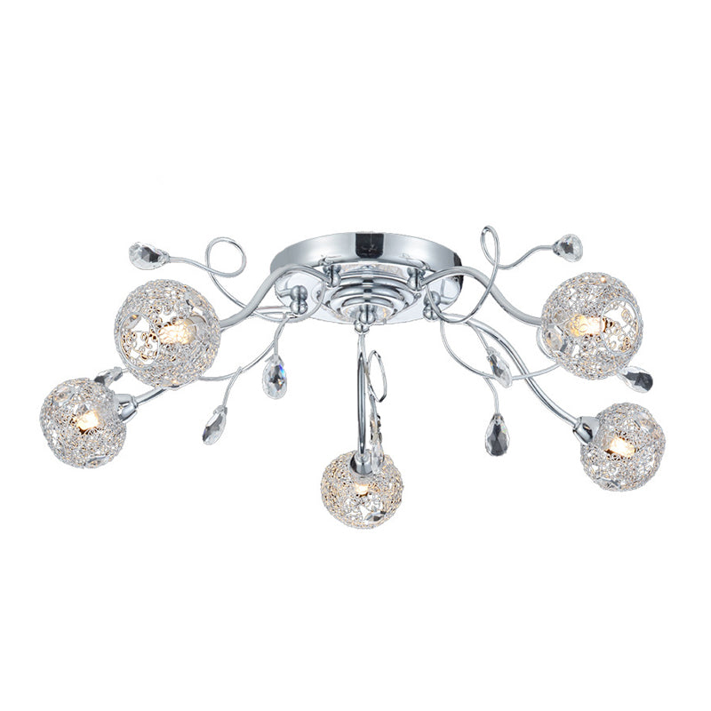 5 Lights Living Room Semi Mount Lighting Contemporary Chrome LED Flush Lamp Fixture with Ball Metal Mesh Shade Clearhalo 'Ceiling Lights' 'Close To Ceiling Lights' 'Close to ceiling' 'Semi-flushmount' Lighting' 882892