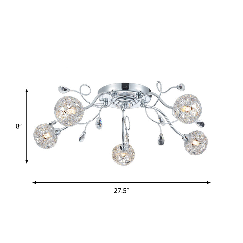 5 Lights Living Room Semi Mount Lighting Contemporary Chrome LED Flush Lamp Fixture with Ball Metal Mesh Shade Clearhalo 'Ceiling Lights' 'Close To Ceiling Lights' 'Close to ceiling' 'Semi-flushmount' Lighting' 882893