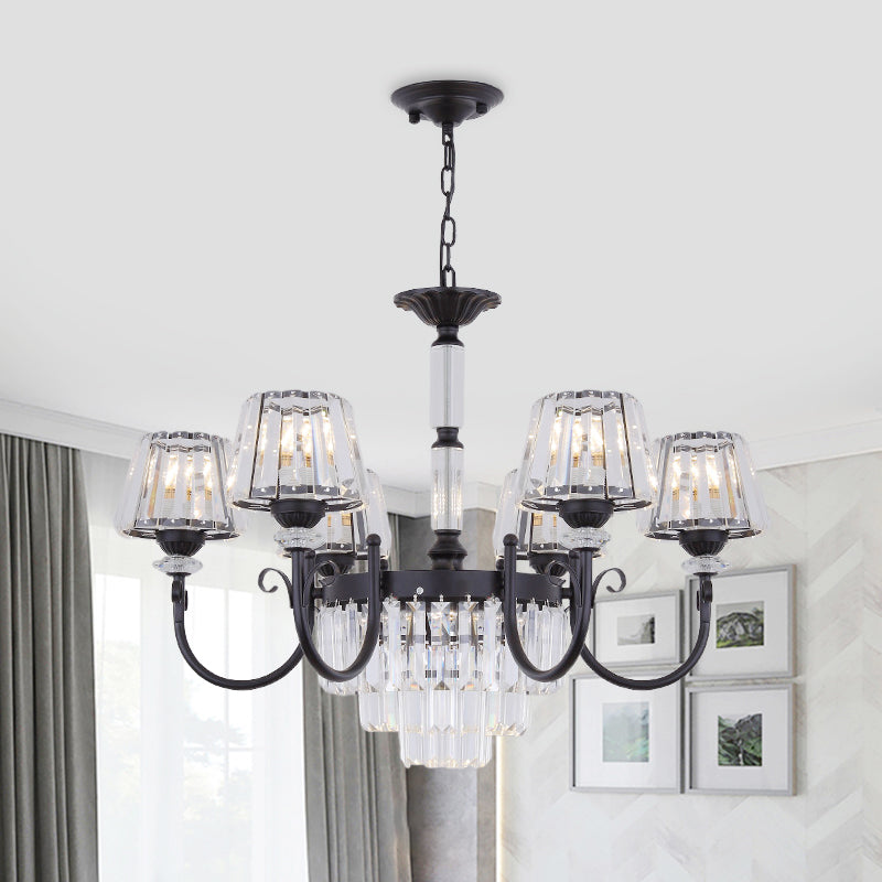 Tapered Crystal Suspension Light Modern 3/6 Heads Dining Room Chandelier Lamp in Black 6 Black Clearhalo 'Ceiling Lights' 'Chandeliers' 'Modern Chandeliers' 'Modern' Lighting' 882995