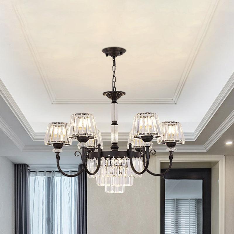 Tapered Crystal Suspension Light Modern 3/6 Heads Dining Room Chandelier Lamp in Black Clearhalo 'Ceiling Lights' 'Chandeliers' 'Modern Chandeliers' 'Modern' Lighting' 882996