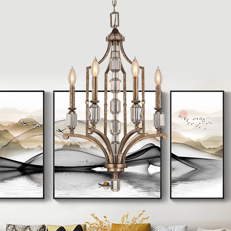 Rust Candelabra Chandelier Lighting Rustic Crystal 4 Lights Living Room Hanging Lamp Clearhalo 'Ceiling Lights' 'Chandeliers' Lighting' options 883000