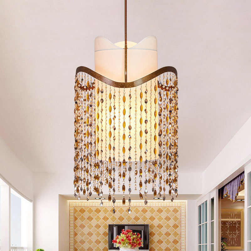 Rust 3-Head Ceiling Pendant Rural Crystal Cascading Hanging Chandelier with Fabric Shade Clearhalo 'Ceiling Lights' 'Chandeliers' Lighting' options 883020