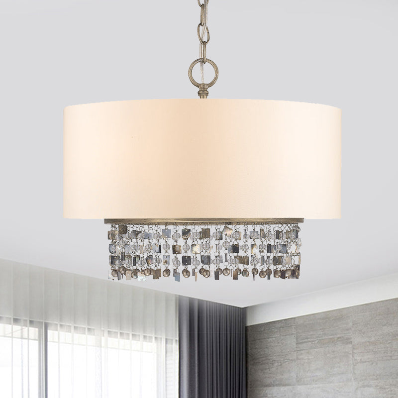 Drum Fabric Chandelier Light Traditional 5-Bulb Living Room Hanging Lamp in White with Crystal Accent White Clearhalo 'Ceiling Lights' 'Chandeliers' Lighting' options 883024_fa59fb9a-2e04-4334-8107-10a2eef0dfd0