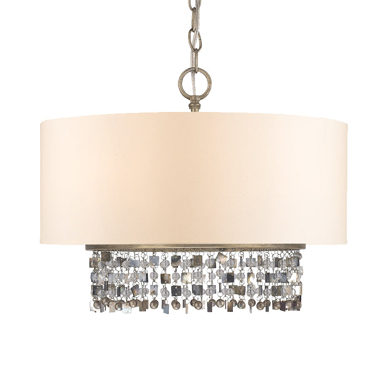 Drum Fabric Chandelier Light Traditional 5-Bulb Living Room Hanging Lamp in White with Crystal Accent Clearhalo 'Ceiling Lights' 'Chandeliers' Lighting' options 883025