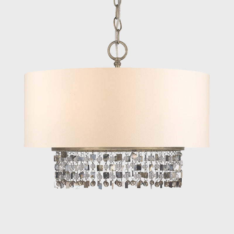 Drum Fabric Chandelier Light Traditional 5-Bulb Living Room Hanging Lamp in White with Crystal Accent Clearhalo 'Ceiling Lights' 'Chandeliers' Lighting' options 883026