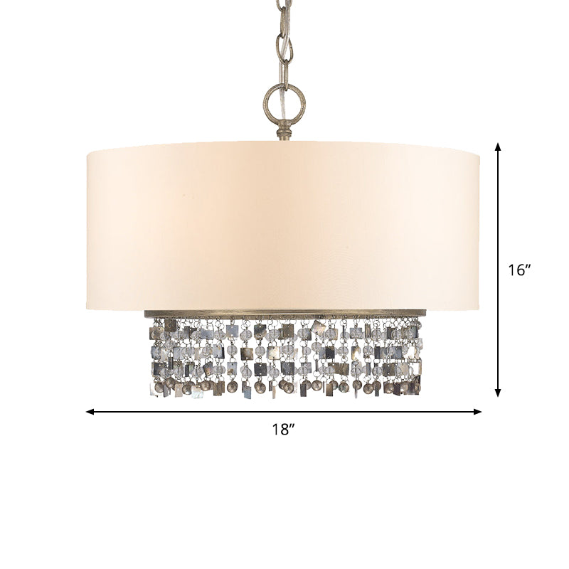 Drum Fabric Chandelier Light Traditional 5-Bulb Living Room Hanging Lamp in White with Crystal Accent Clearhalo 'Ceiling Lights' 'Chandeliers' Lighting' options 883027