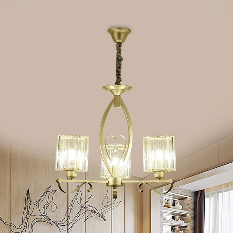 Gold Cylinder Pendant Chandelier Modern Crystal Block 3/6 Lights Living Room Ceiling Light 3 Gold Clearhalo 'Ceiling Lights' 'Chandeliers' 'Modern Chandeliers' 'Modern' Lighting' 883032