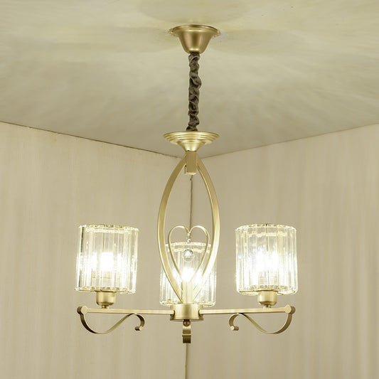 Gold Cylinder Pendant Chandelier Modern Crystal Block 3/6 Lights Living Room Ceiling Light Clearhalo 'Ceiling Lights' 'Chandeliers' 'Modern Chandeliers' 'Modern' Lighting' 883033